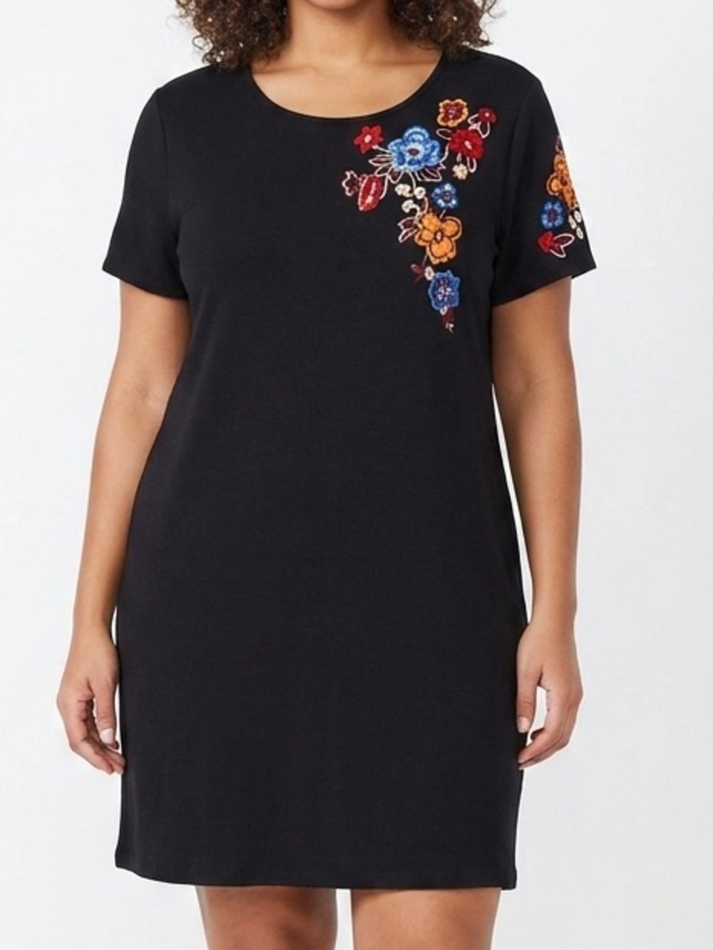 Philosophy Navy Stretch Comfortable Dress with Multicolor Floral Embroidery XL